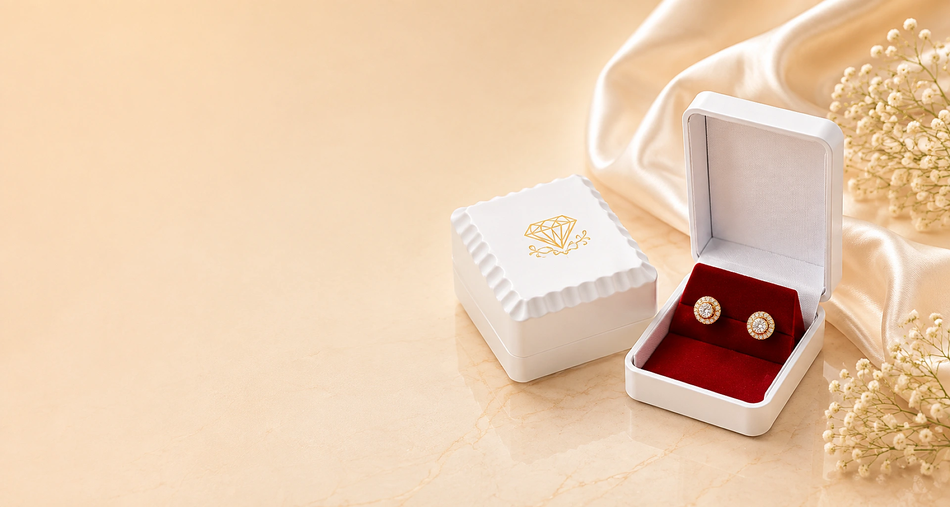White earring box with red velvet interior