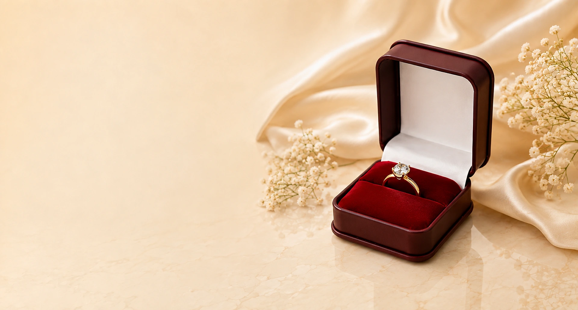 Maroon leatherette ring box with a solitaire ring inside