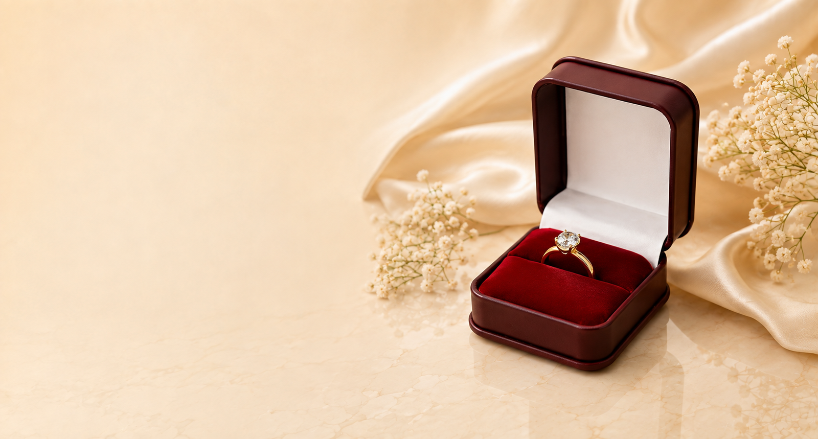 Maroon leatherette ring box with a solitaire ring inside