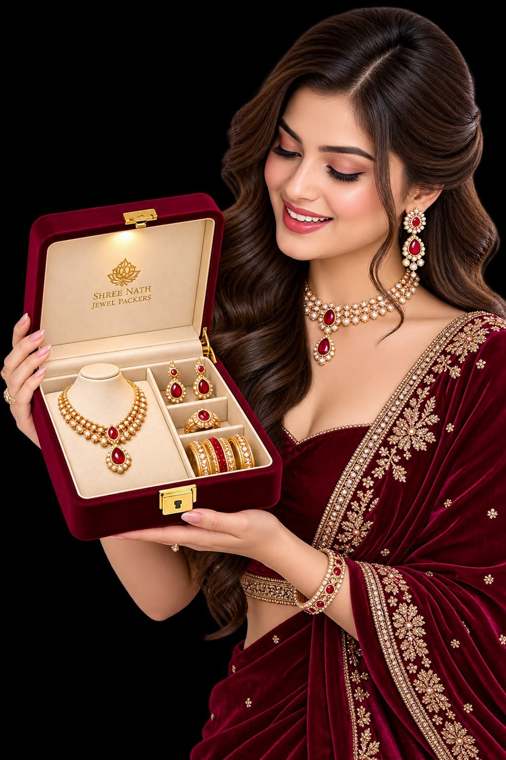 Open jewellery box with a shop name gold-foil printed inside the lid