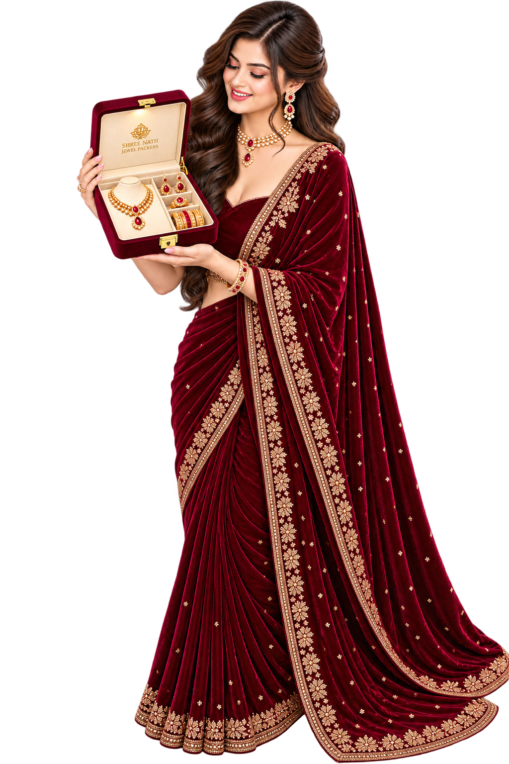Model in a maroon saree holding an open jewellery box with a shop name gold-foil printed inside the lid