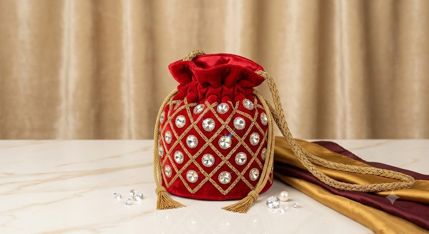 Beaded Potli Bag – Red & Gold with Pearl Handle